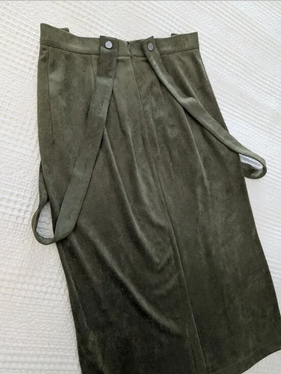 Designer Olive Burnt Stretch Pencil Skirt Velour-Like Heavy Fabric - Picture 7 of 8